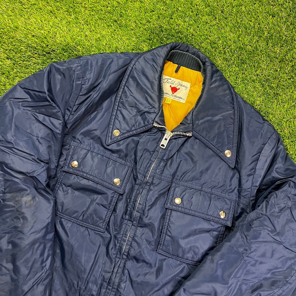 Vintage Field & Stream Puffer Jacket 44 Navy Blue Yellow Liner‎ USA Workwear